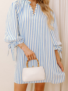 Sky Blue Stripe Knotted Bracelet Sleeve Notched Neck Shift Mini Dress