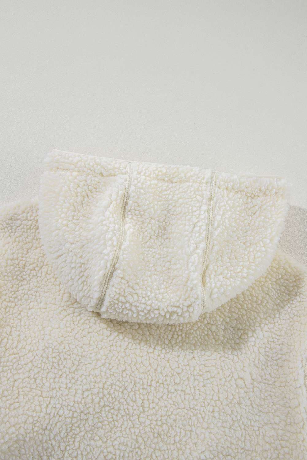 Beige Fleece Zip Up Drawstring Hooded Pocketed Jacket - Image 6