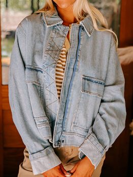 Beau Blue Street Style Zip Up Washed Denim Jacket