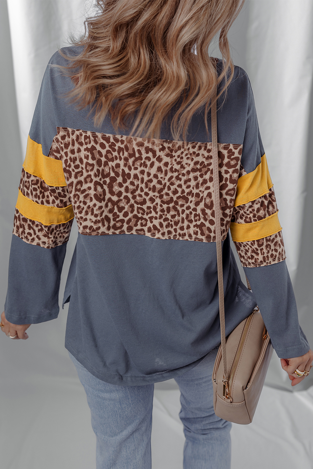 Dark Blue Leopard Colorblock Patchwork Long Sleeve Drop Shoulder Top - Image 2
