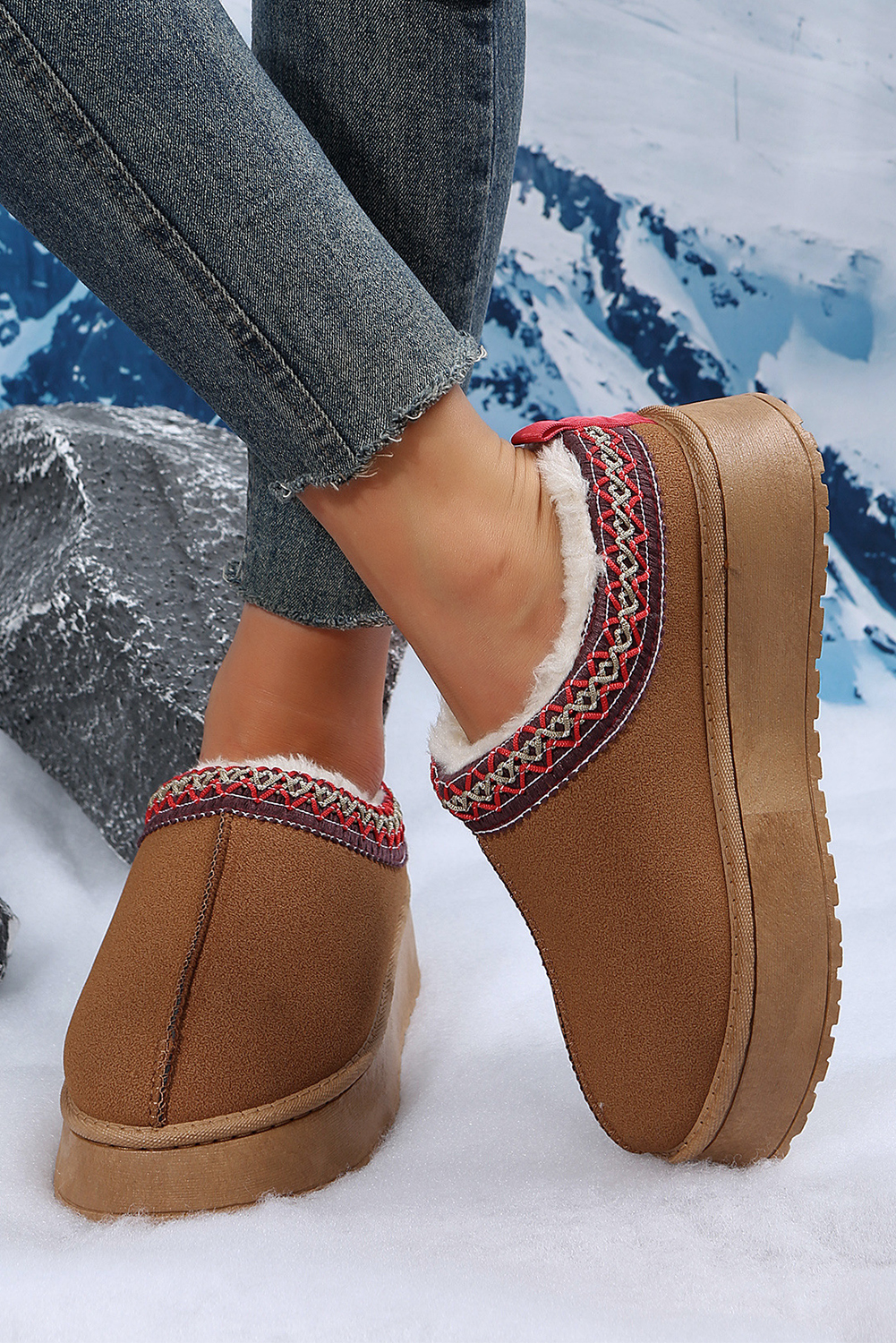 Chestnut Contrast Print Suede Plush Lined Snow Boots - Image 2