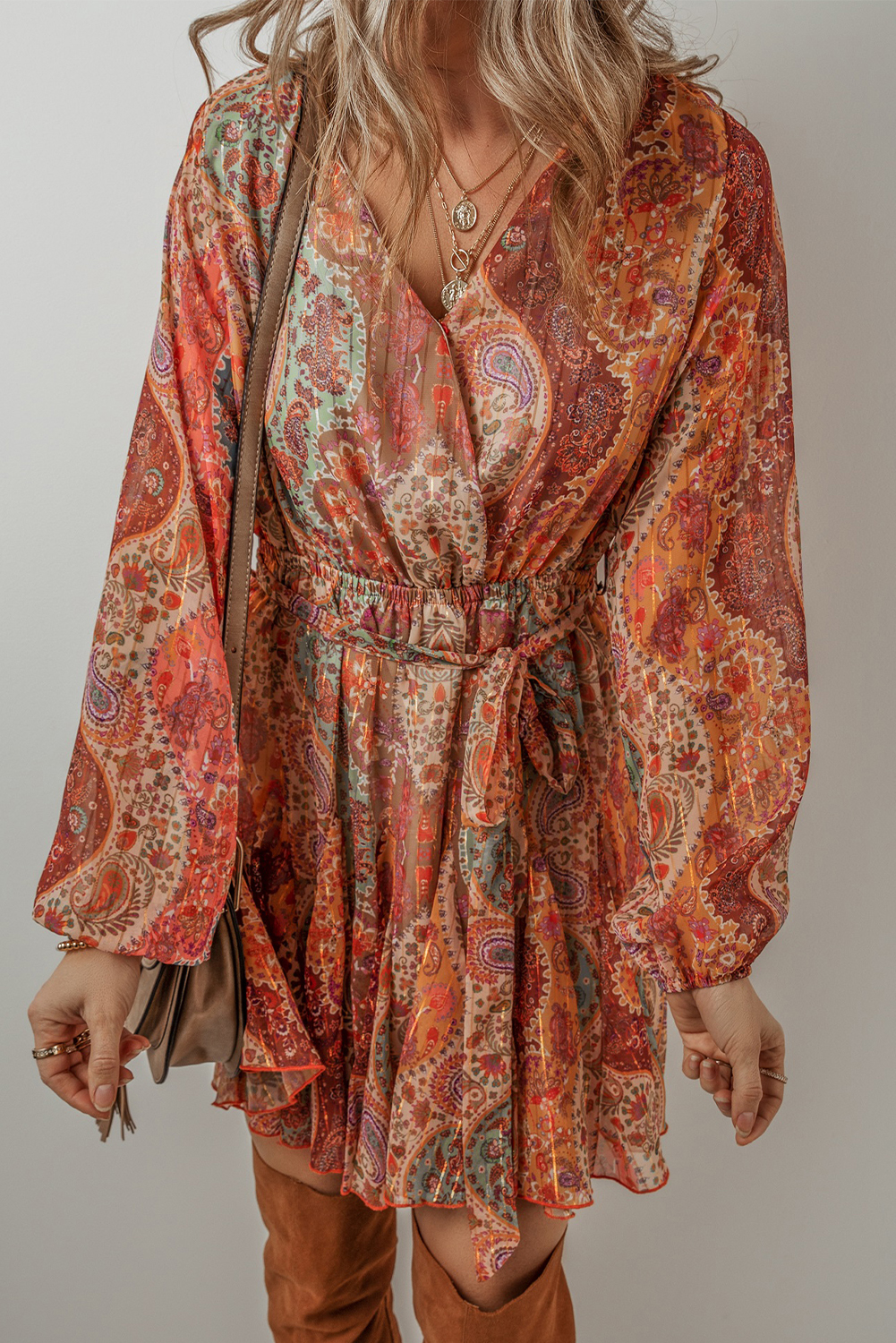 Orange Boho Paisley Print Long Sleeve Pleated Belted Mini Dress - Image 3