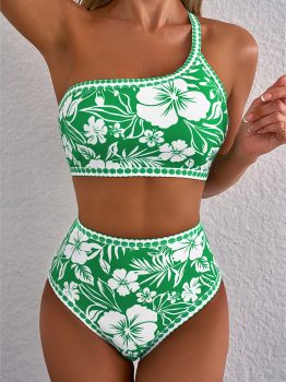 Green Floral Print One Shoulder High Waist Bikini Set