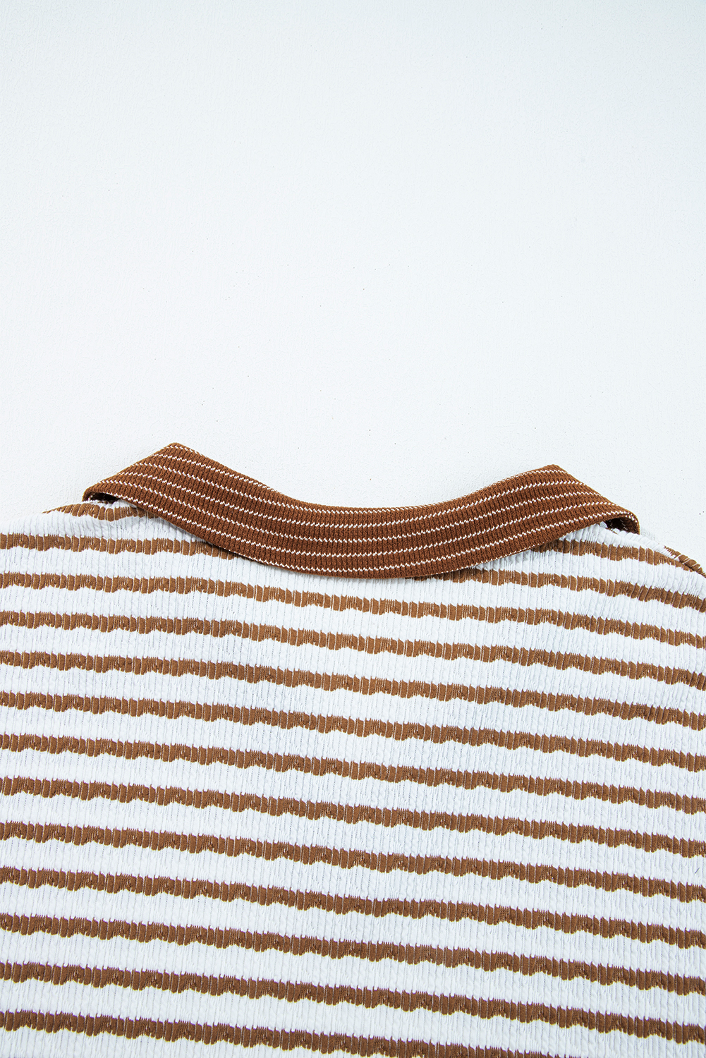 Khaki Stripe Plus Size Collared V Neck Loose Pullover Drawstring Elastic Waist Wide Leg Pant Set - Image 5