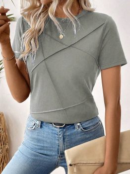 Medium Grey Solid Color Toothpick Stripe Round Neck T Shirt