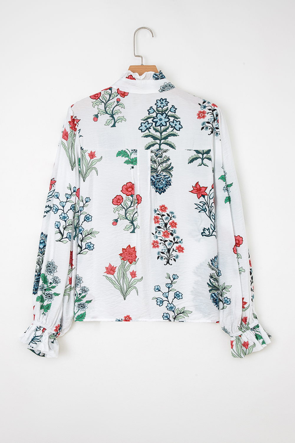 White Floral Print Frilled Collar V Neck Button Down Long Sleeve Shirt - Image 4