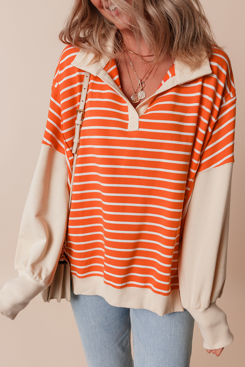 Orange Stripe Color Block Loose Fit Collared Drop Shoulder Sweatshirt - Image 3