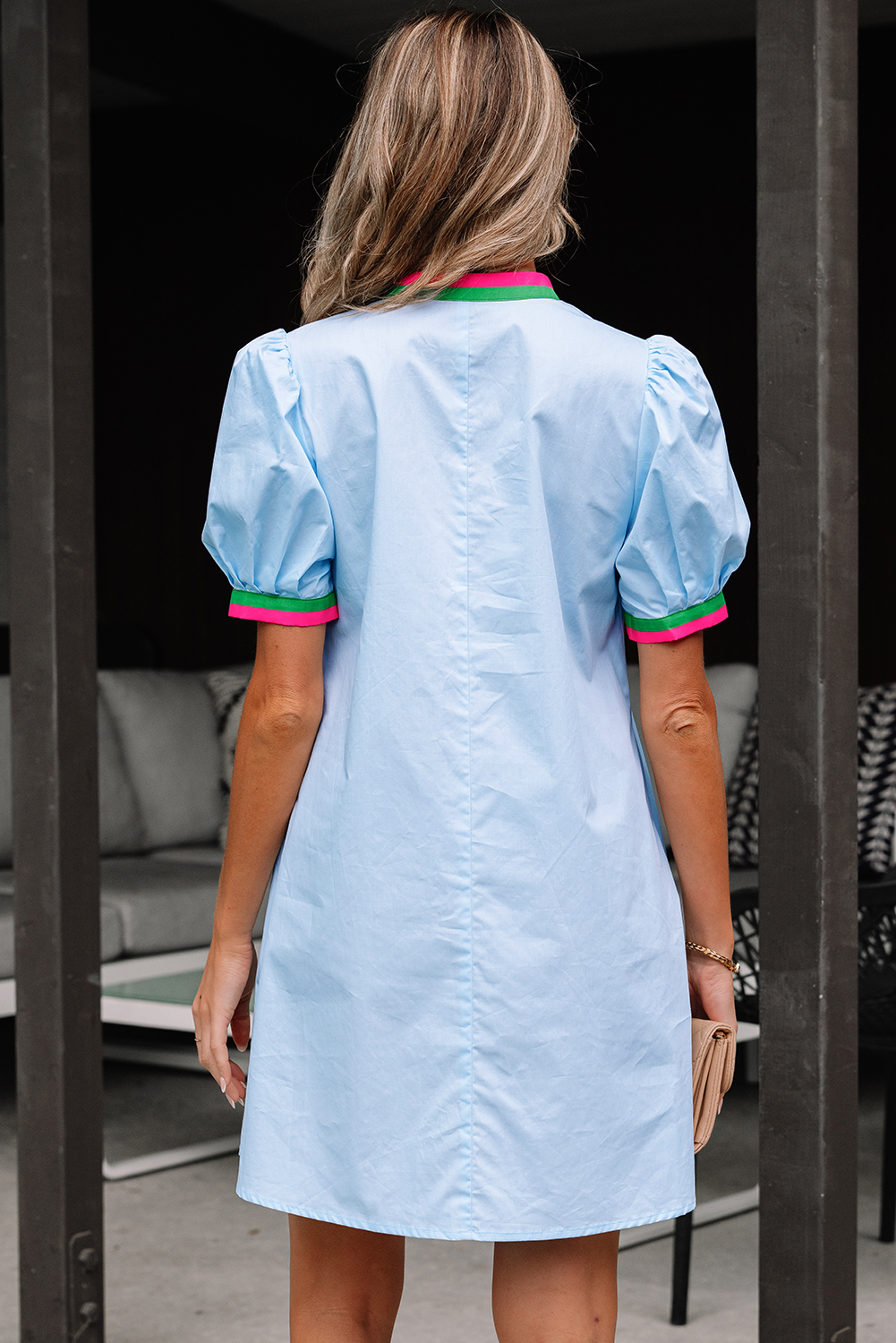 Myosotis Contrast Striped Notched V Neck Puff Sleeve Mini Dress - Image 2