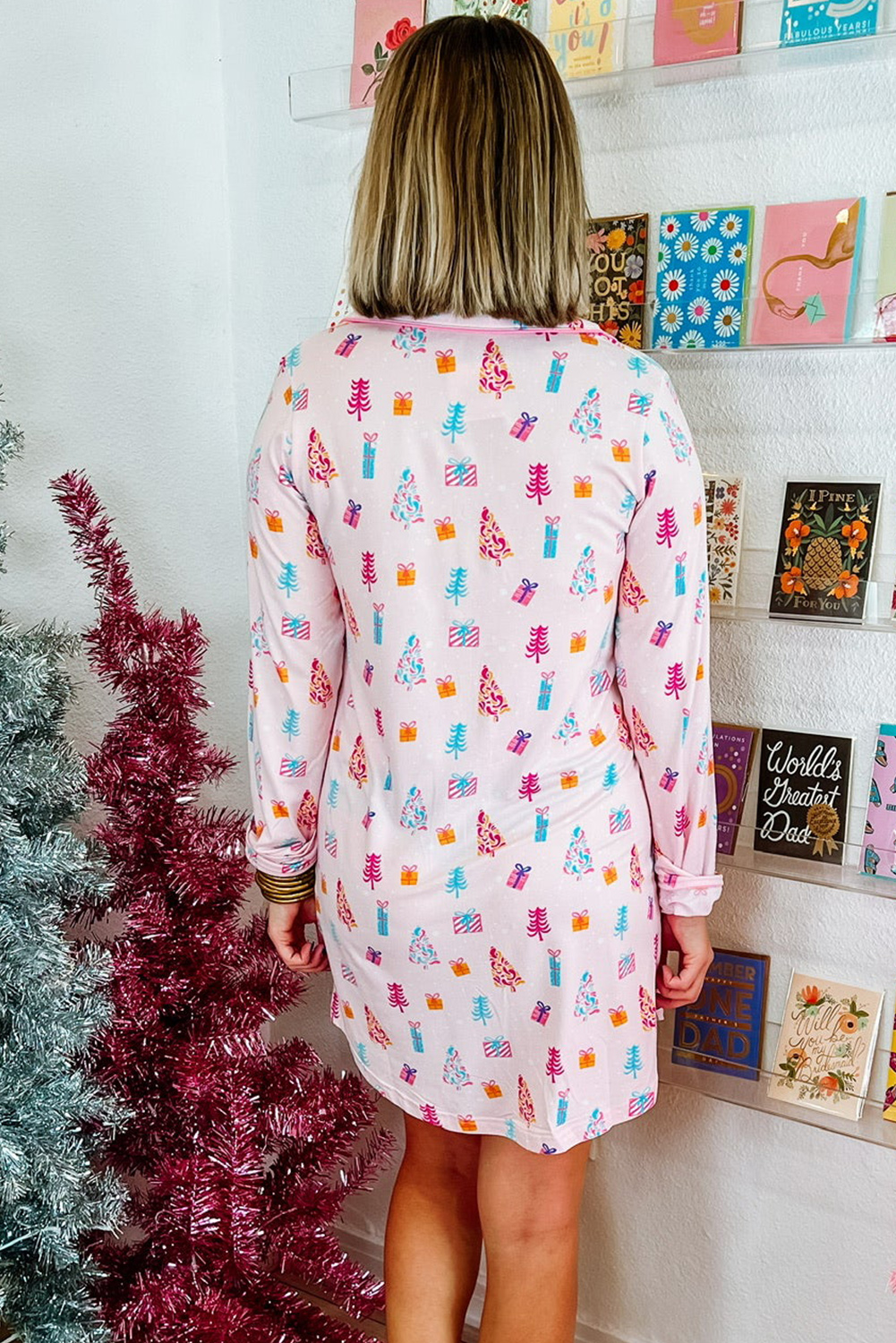 Pink Christmas Twinkle Tree Print Shirt Sleep Dress - Image 2