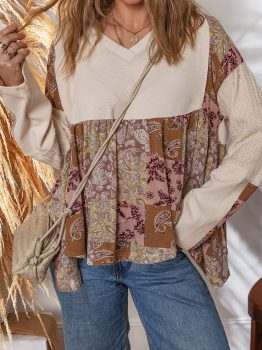 Beige Paisley Ethnic Print Contrast Patchwork Long Sleeve Loose Top