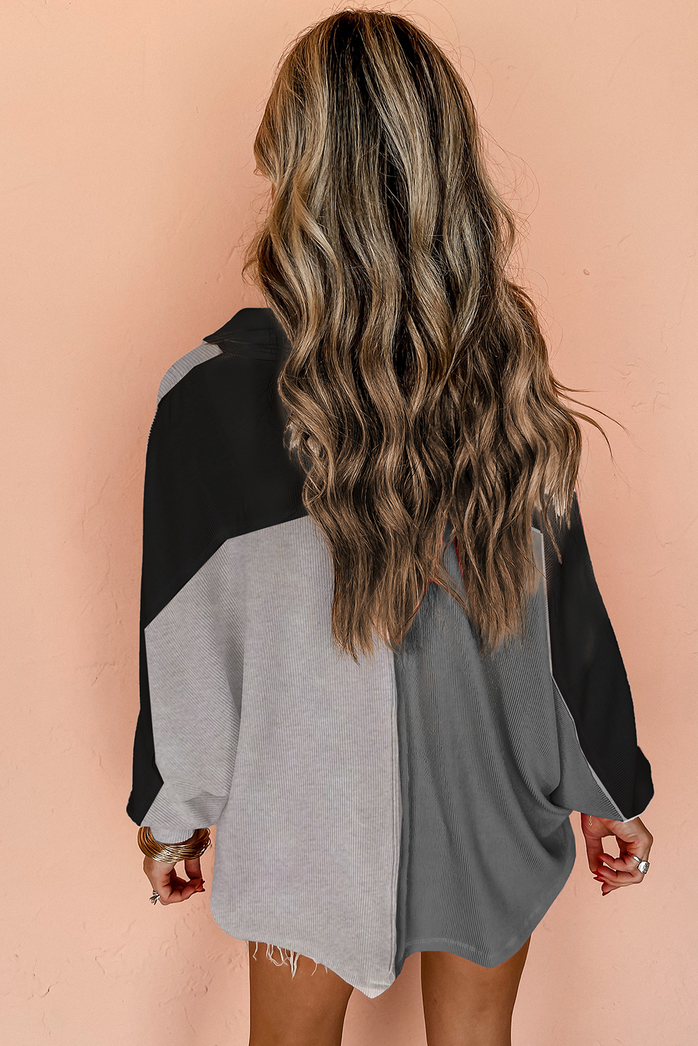 Gray Colorblock Ribbed Collared Oversized Sweatshirt - Image 4
