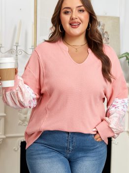 Pink Floral Sleeve Patchwork Waffle Knit Notched V Neck Plus Size Top
