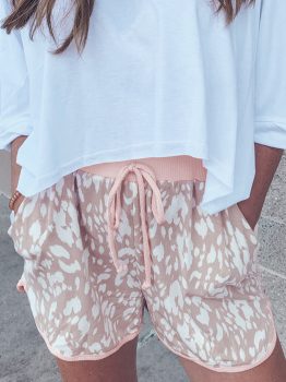 Khaki Classic Leopard Arched Hem Elastic Waistband Casual Shorts