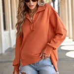 Orange Buttoned Collared Raw Detail High Low Baggy Sweatshirt with Slits