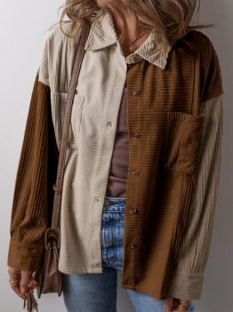 Brown Color Block Chest Pockets Buttoned Corduroy Shacket