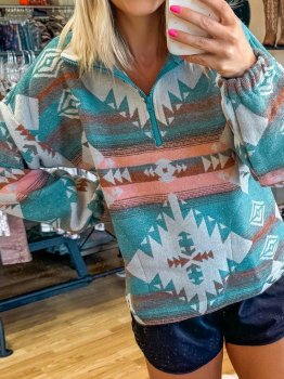 Green Quarter Zip Elastic Cuffs Aztec Sweatshirt