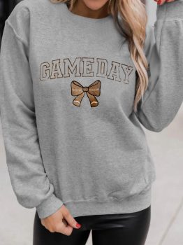 Gray GAME DAY Rugby Bow Embroidered Casual Sweatshirt