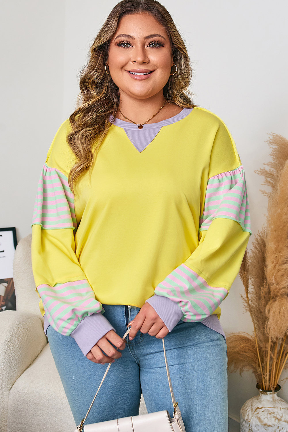 Yellow Striped Color Block Patchwork Crewneck Plus Size Pullover Sweatshirt - Image 5
