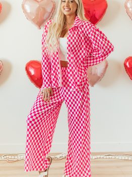 Pink Checkered Buttoned Shirt and High Waist Pants Pajama Set