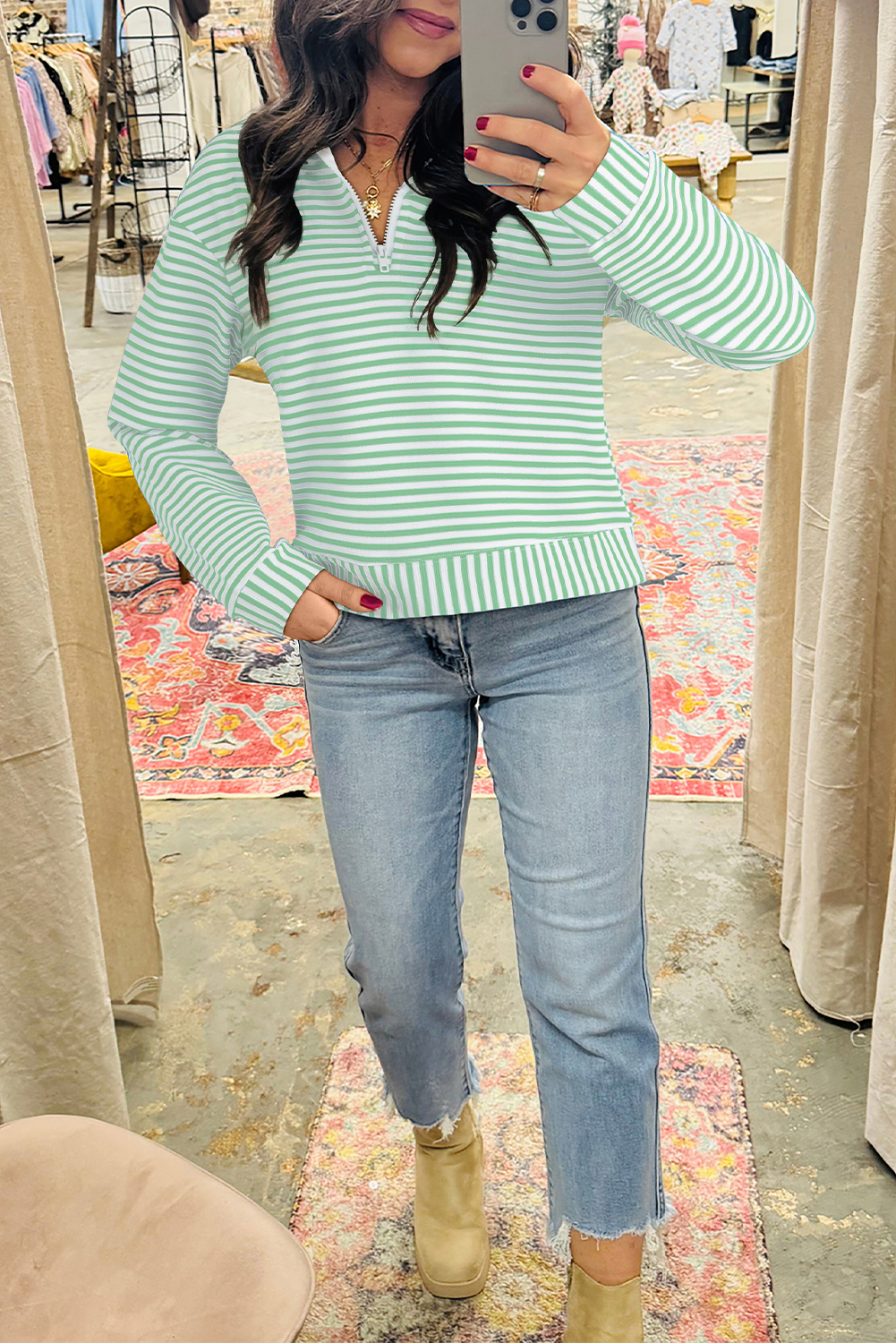 Green Stripe Quarter Zip Collar Pullover Long Sleeve Top