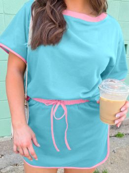 Turquoise Plus Size Contrast Trim T Shirt and Skirt Two Piece Set