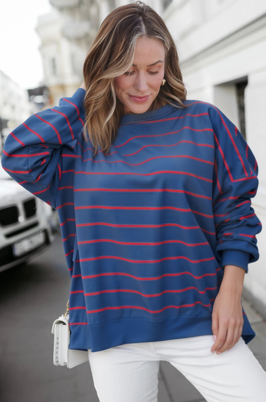 Blue Stripe Stylish Overlap Detail Drop Shoulder Pullover Sweatshirt - Image 3