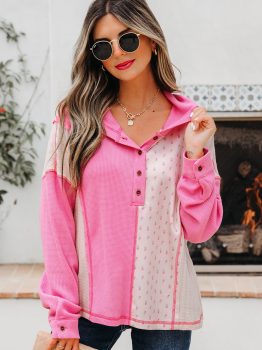 Pink Mixed Texture Waffle Floral Patchwork Hooded Oversize Pullover