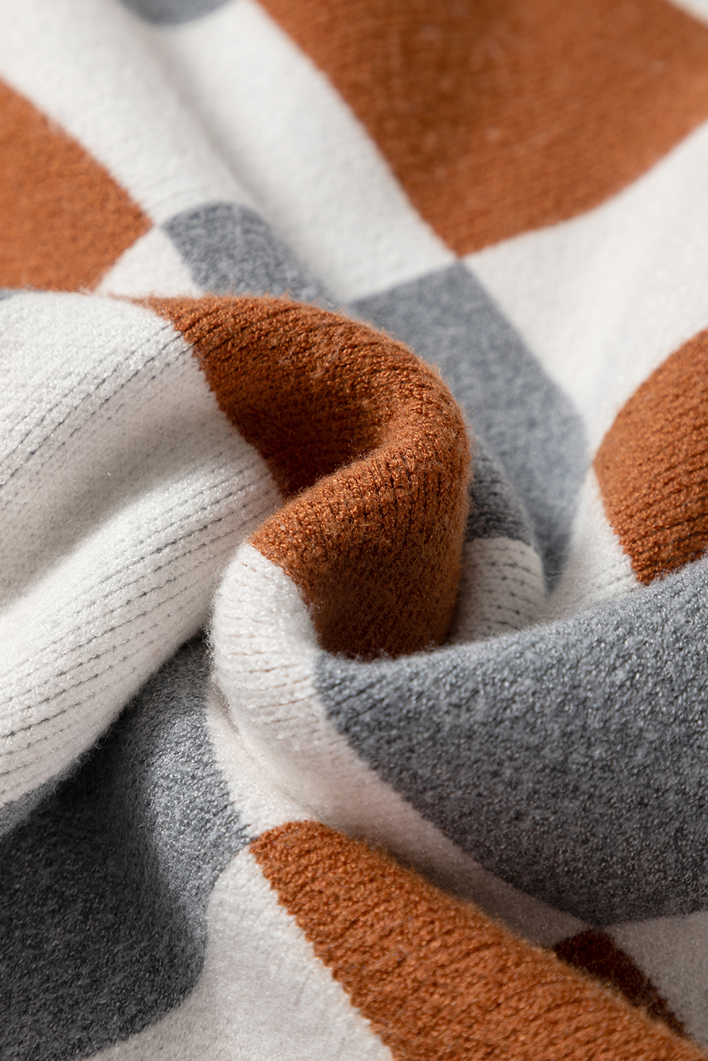 Brown Plus Size Checkered Crewneck Sweater - Image 7