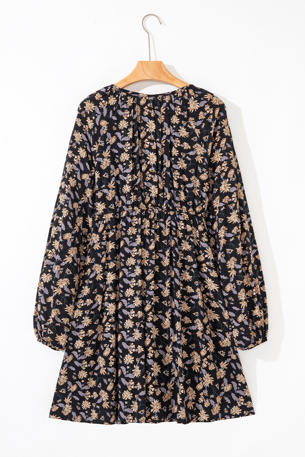 Black Floral Deep V Neck Smocked Bust Bubble Sleeve Babydoll Dress - Image 4