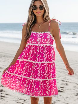 Pink Floral Print Ric Rac Patched Sleeveless Mini Dress