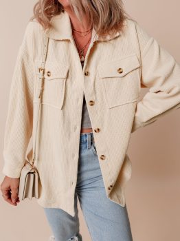 Oatmeal Corduroy Flap Pocket Button Up Shacket
