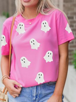 Sachet Pink Sequin Halloween Ghost Patched Casual T Shirt