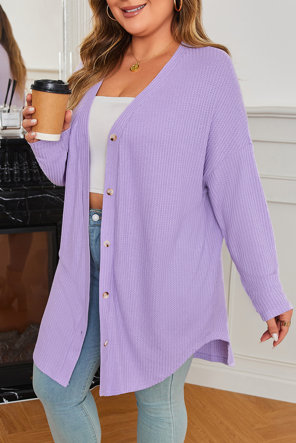 Orchid Petal Plus Size Waffle Knit Button Front Cardigan - Image 6