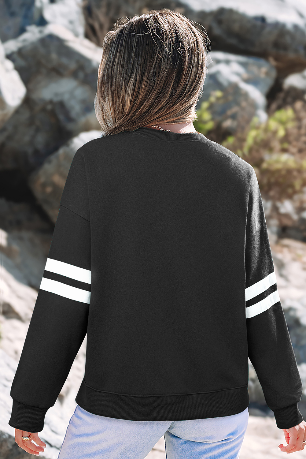 Black Varsity Striped Detail Drop Shoulder Oversized Sweatshirt - Image 5