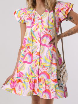 Pink Abstract Floral Ruffle Trim Flutter Sleeve Buttoned Dress