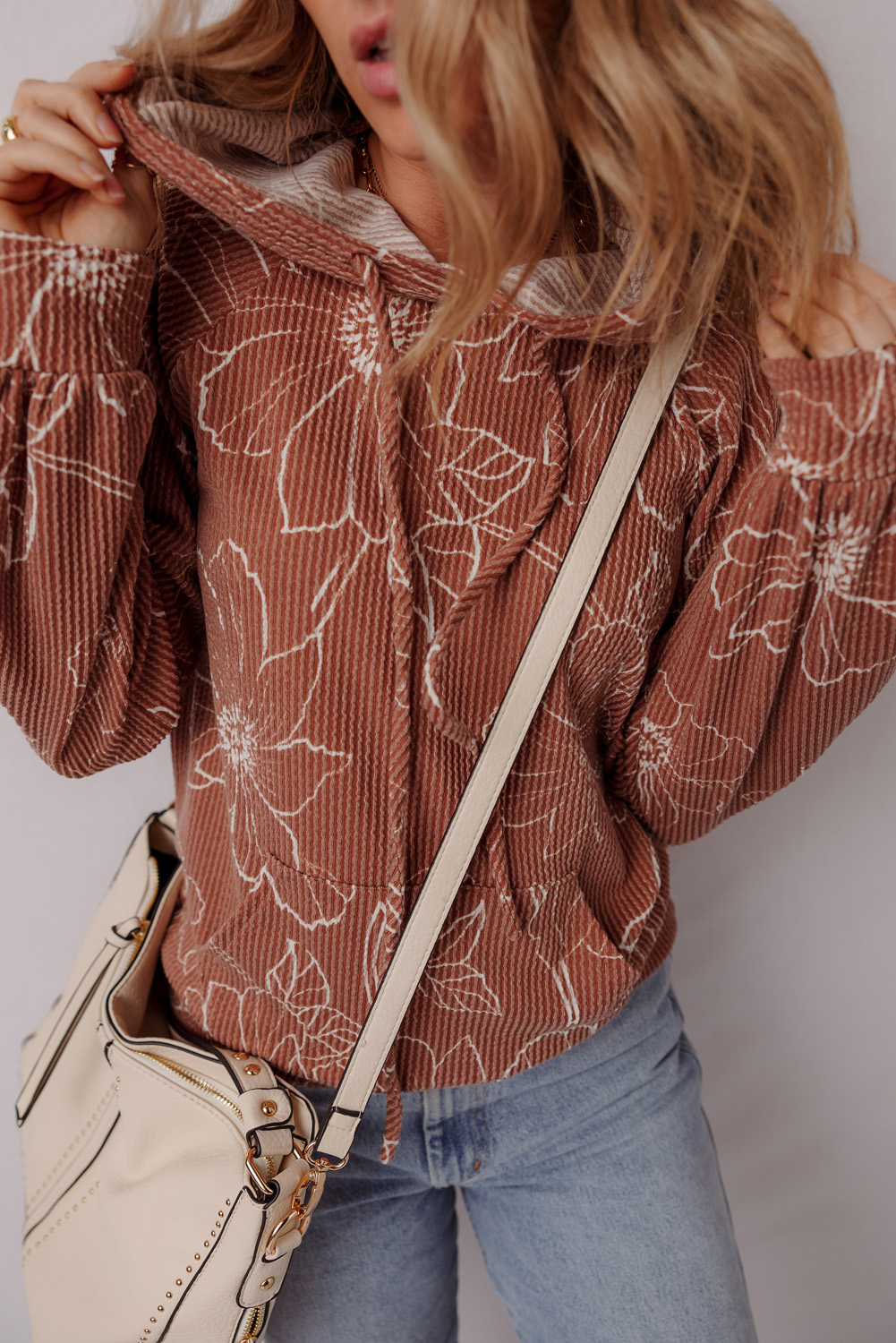 Brown Floral Twisted Rib Drawstring Kangaroo Pocket Hoodie - Image 7