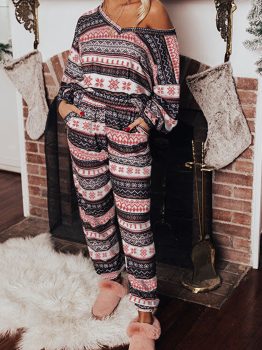 Black Retro Christmas Pattern Loose Pullover 2pcs Lounge Pant Set