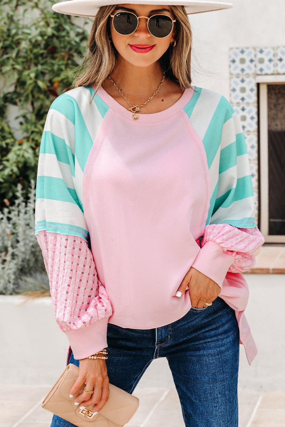 Bonbon Striped Colorblock Patchwork Raglan Pullover Top with Slits - Image 3