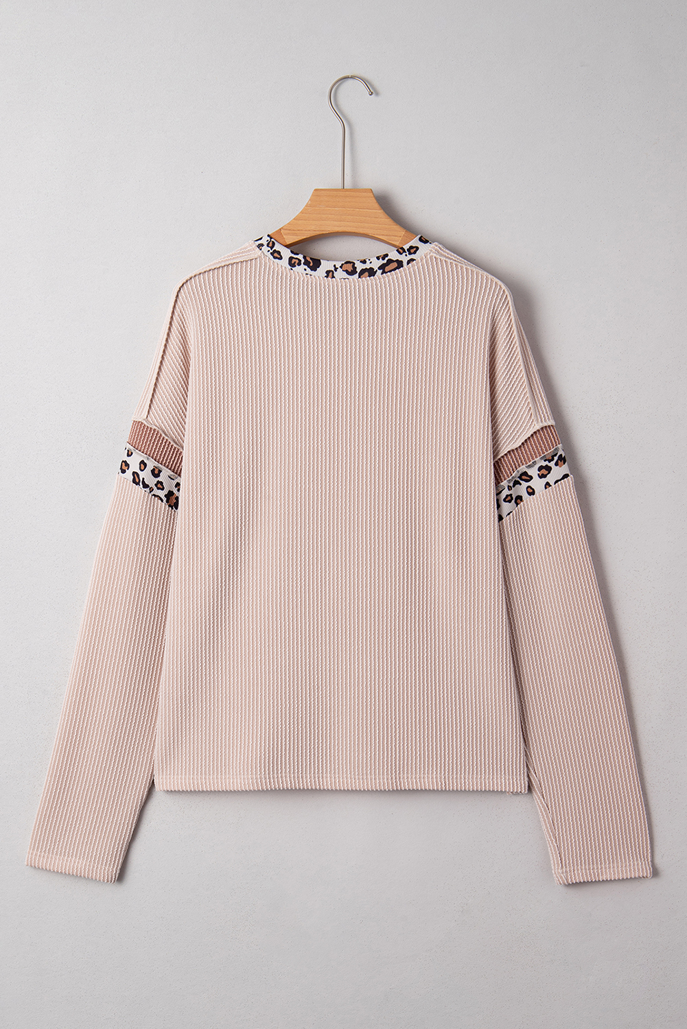 Beige Twist Ribbed Leopard Color Block Detail Drop Shoulder Long Sleeve Top - Image 5