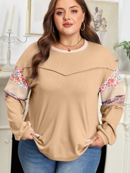 Khaki Exposed Seam Floral Mixed Patchwork Relaxed Plus Size Top