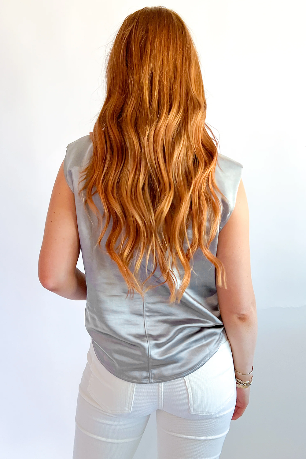 Silvery Metallic Luster Crew Neck Shift Tank Top - Image 2