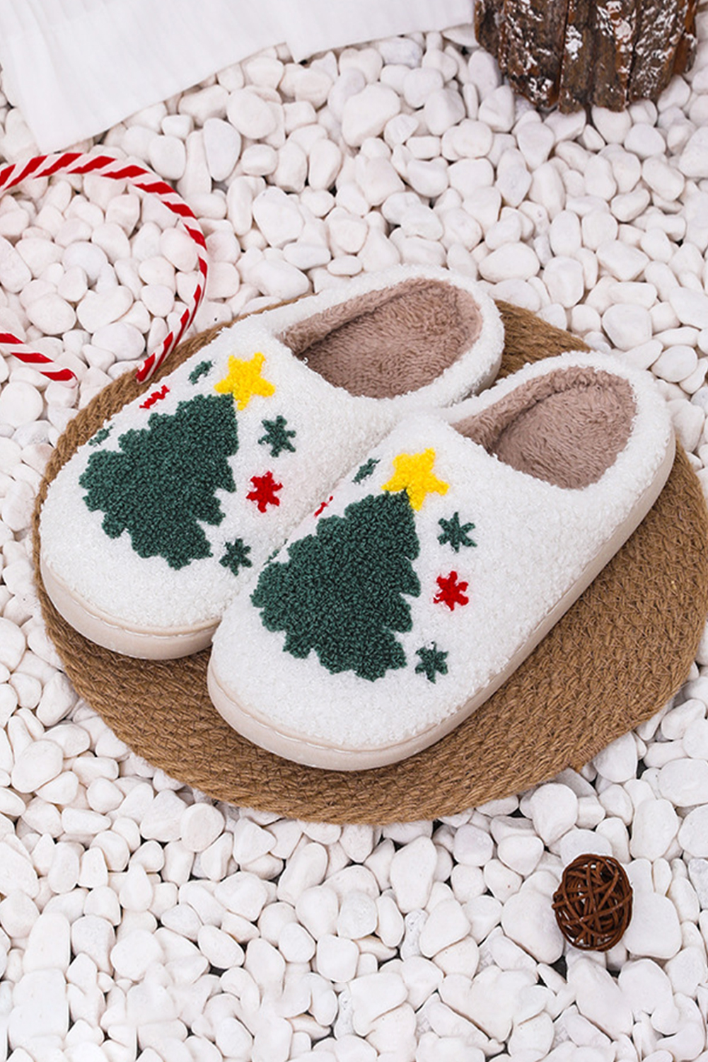 White Fuzzy Christmas Tree Pattern Home Slippers - Image 5