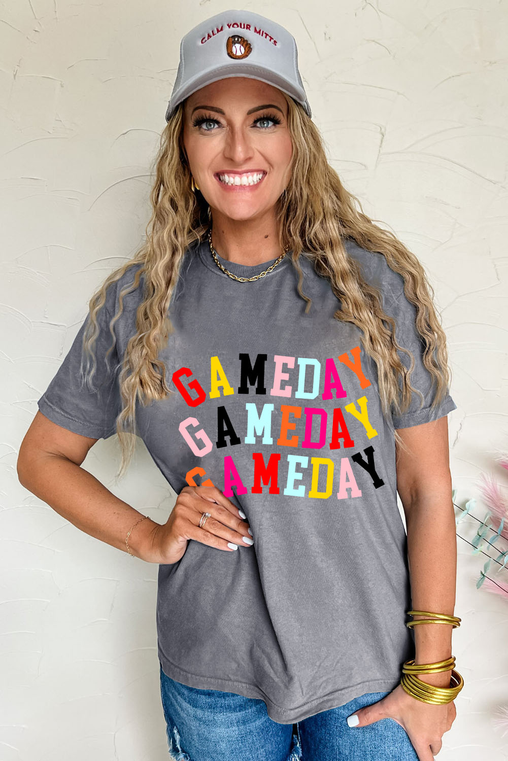 Gray Colorful GAME DAY Graphic Crew T Shirt - Image 3