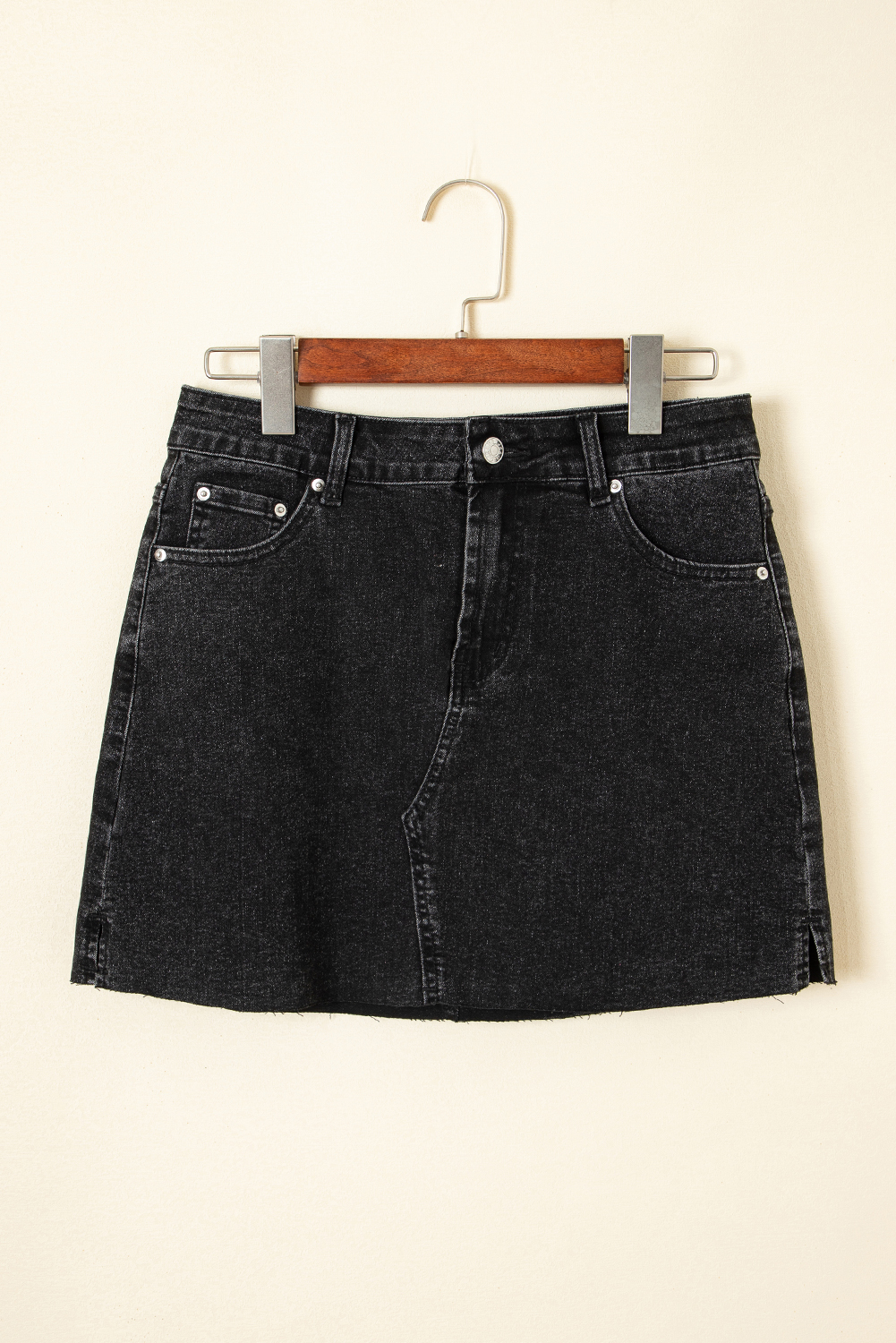 Carbon Grey Mineral Wash Ripped Raw Hem Denim Mini Skirt - Image 3
