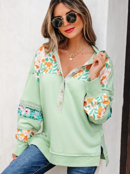 Clearly Aqua Lace Floral Patchwork Half Button Hooded Pullover