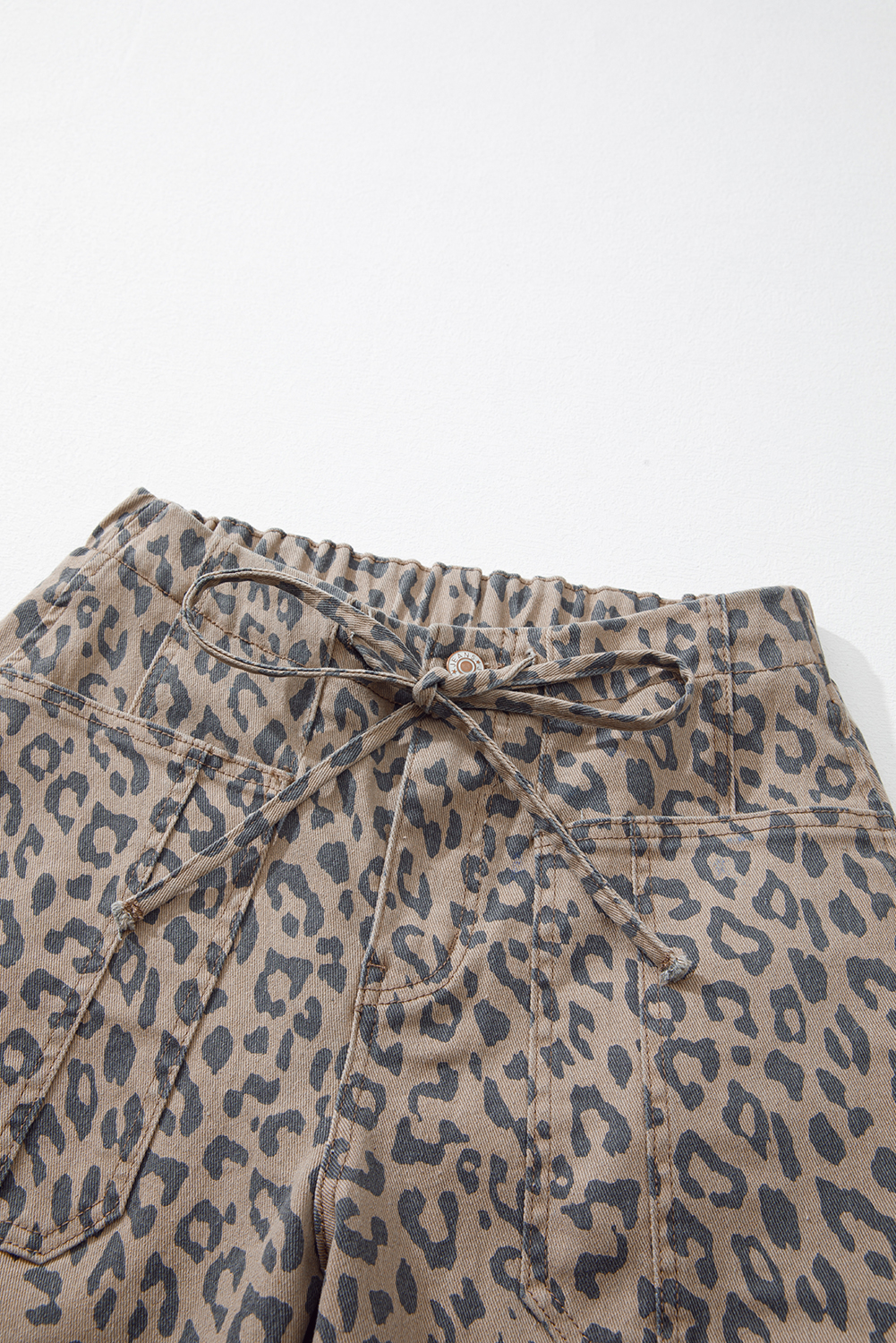 Khaki Leopard Printed Drawstring Elastic Waistband Pocketed Wide Leg Jeans - Image 5