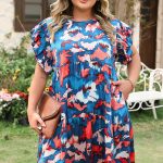 Blue Abstract Print Shirred Ruffled Short Sleeve Tiered Plus Size Mini Dress