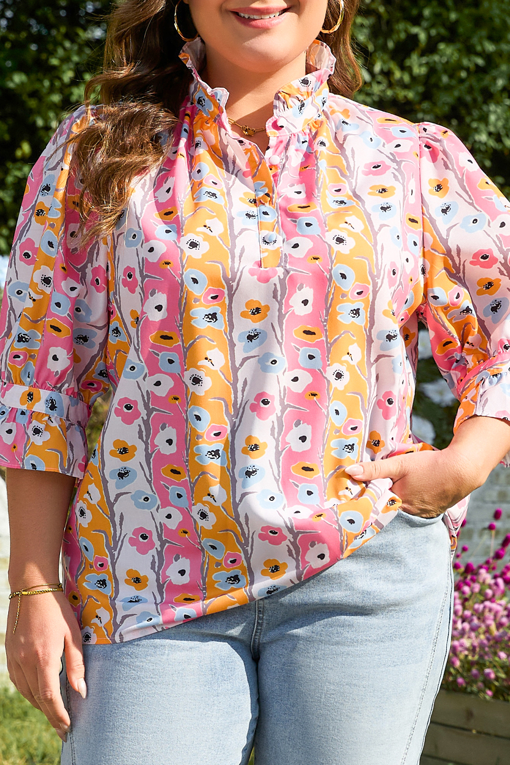 Pink Floral Ruffled Collar Bracelet Sleeve Plus Size Blouse Top - Image 7