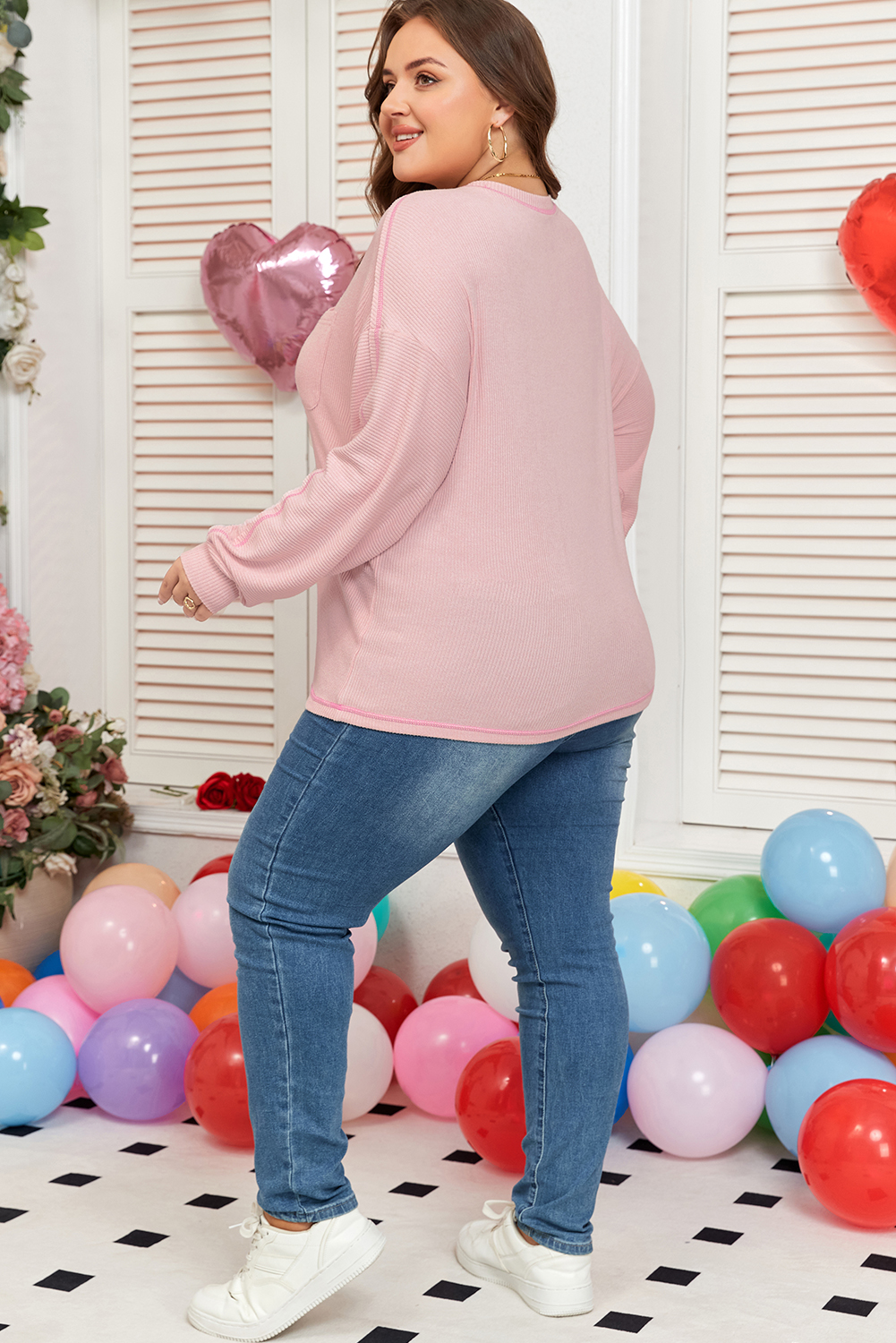 Bonbon Ribbed Exposed Seam Round Neck Chest Pocket Plus Knit Top - Image 2