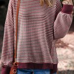 Red Stripe Ribbed Trim Drop Shoulder Long Sleeve Oversize Top